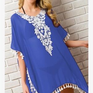 Blue Lace Trim Swim Cover-Up
